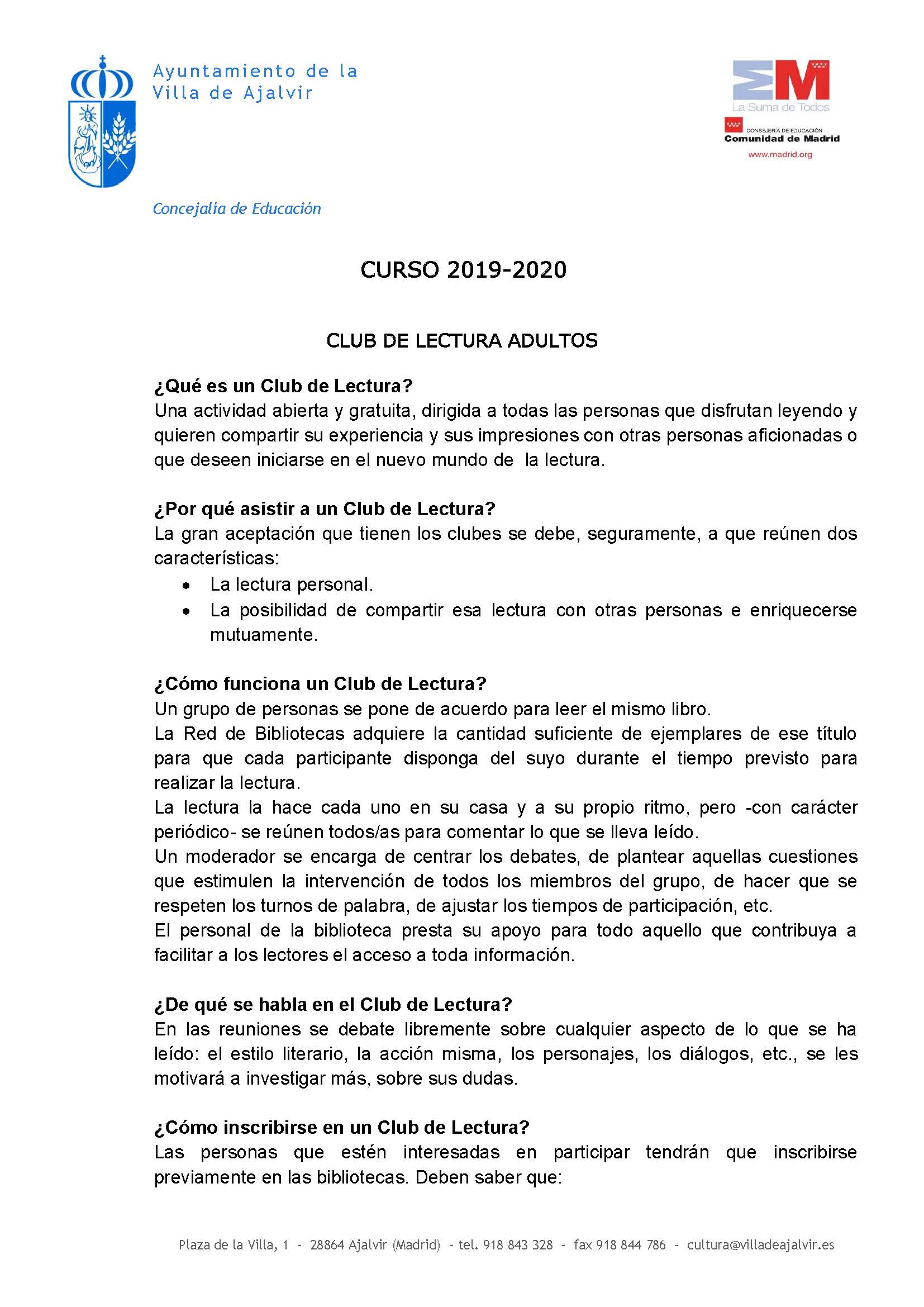 INFORMACIÓN CLUB DE LECTURA CURSO 2019 2020 Página 1