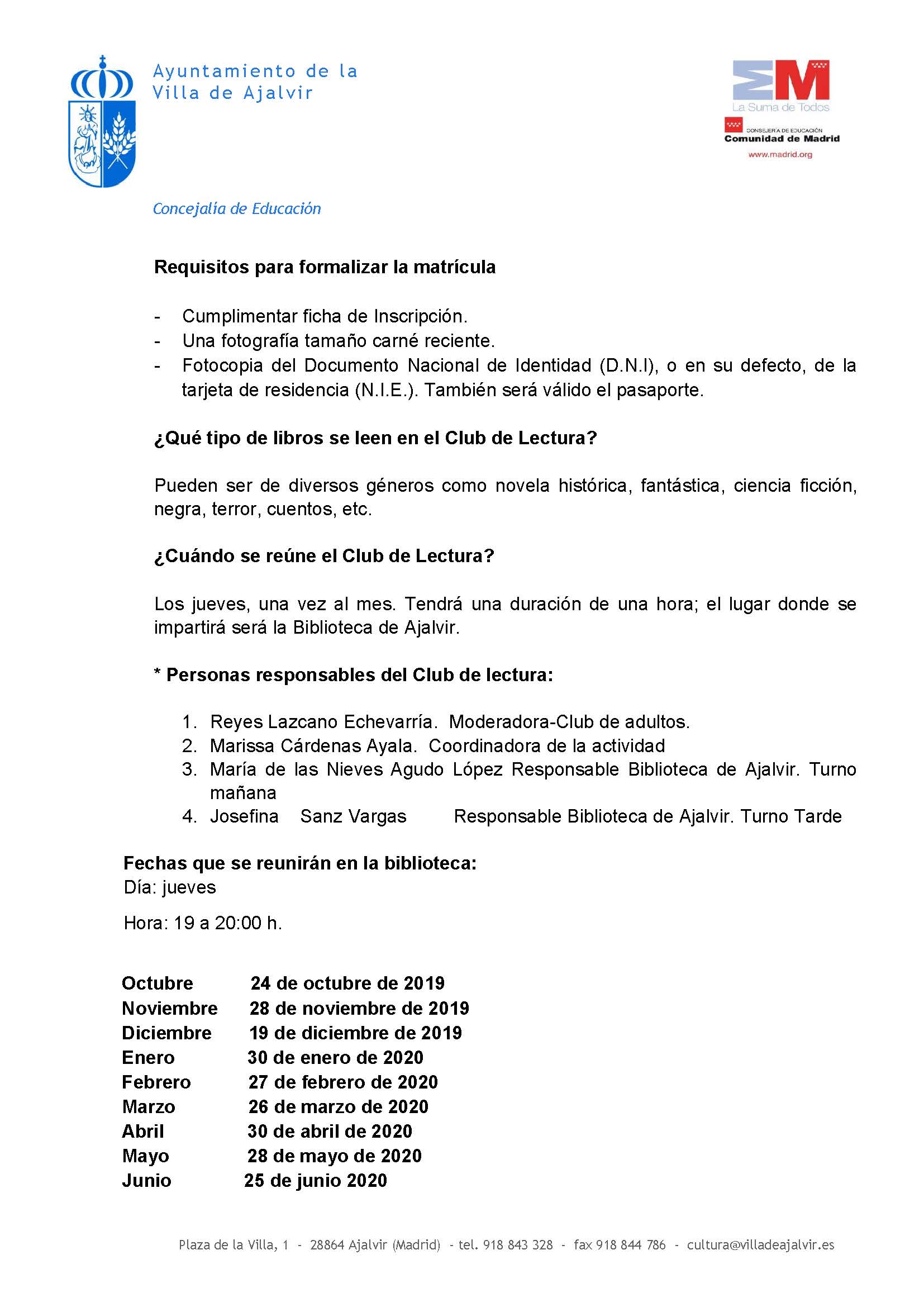 INFORMACIÓN CLUB DE LECTURA CURSO 2019 2020 Página 1