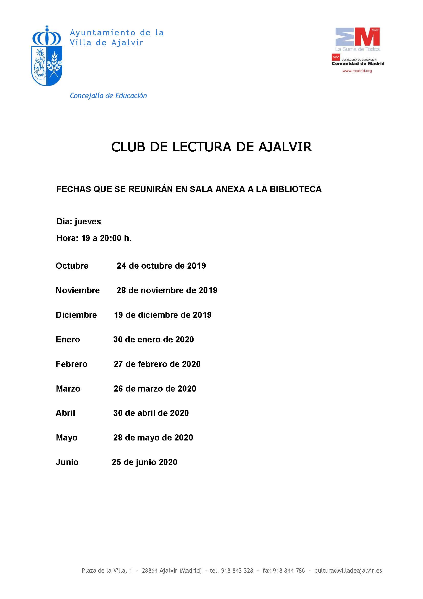 INFORMACIÓN CLUB DE LECTURA CURSO 2019 2020 Página 1