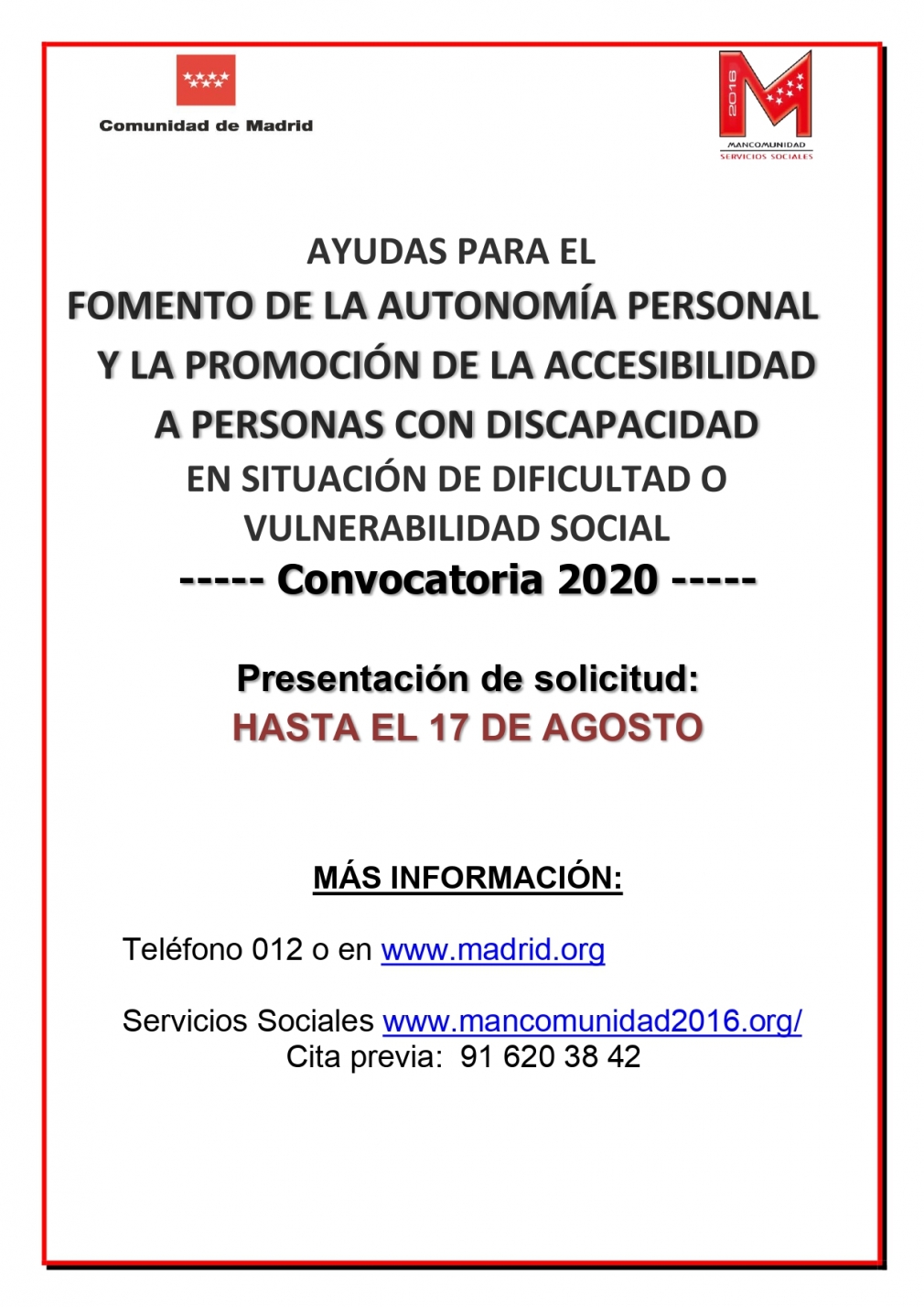 Ayudas para el fomento de la autonomía personal  y la promoción de la accesibilidad a personal con discapacidad de 2020