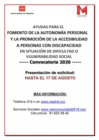 Ayudas para el fomento de la autonomía personal  y la promoción de la accesibilidad a personal con discapacidad de 2020