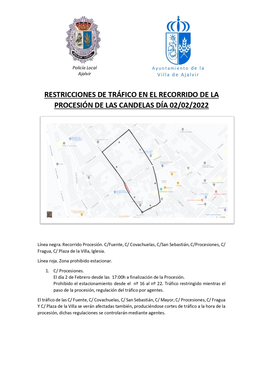 RESTRICCIONES DE TRÁFICO EN EL RECORRIDO DE LA PROCESIÓN DE LAS CANDELAS DÍA 02/02/2022