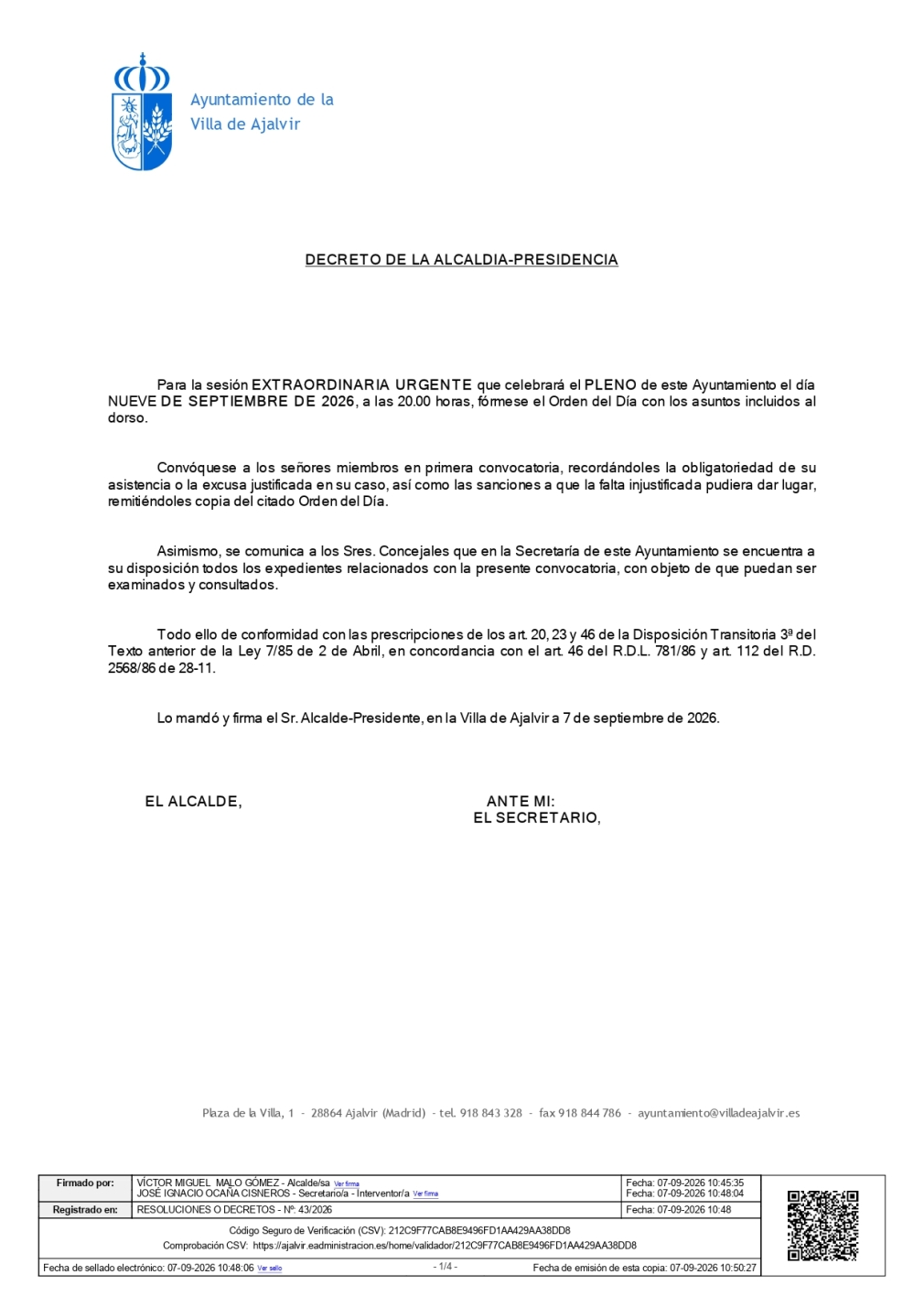 PLENO EXTRAORDINARIO URGENTE 9 DE SEPTIEMBRE 2026