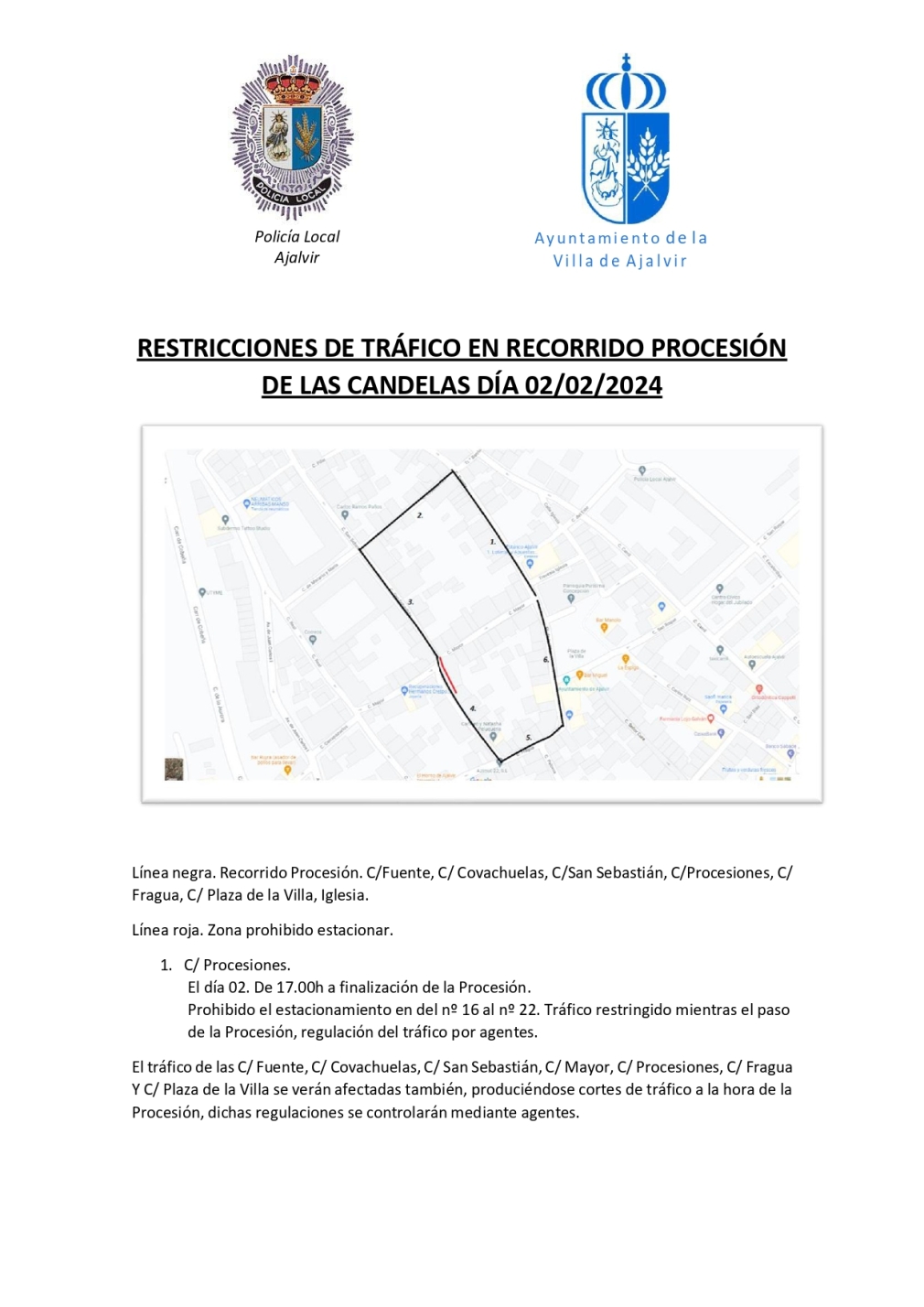 RESTRICCIONES DE TRÁFICO EN EL RECORRIDO DE LA PROCESIÓN DE NTRA.SRA DE LA CANDELARIA EL DIA 02/02/2024