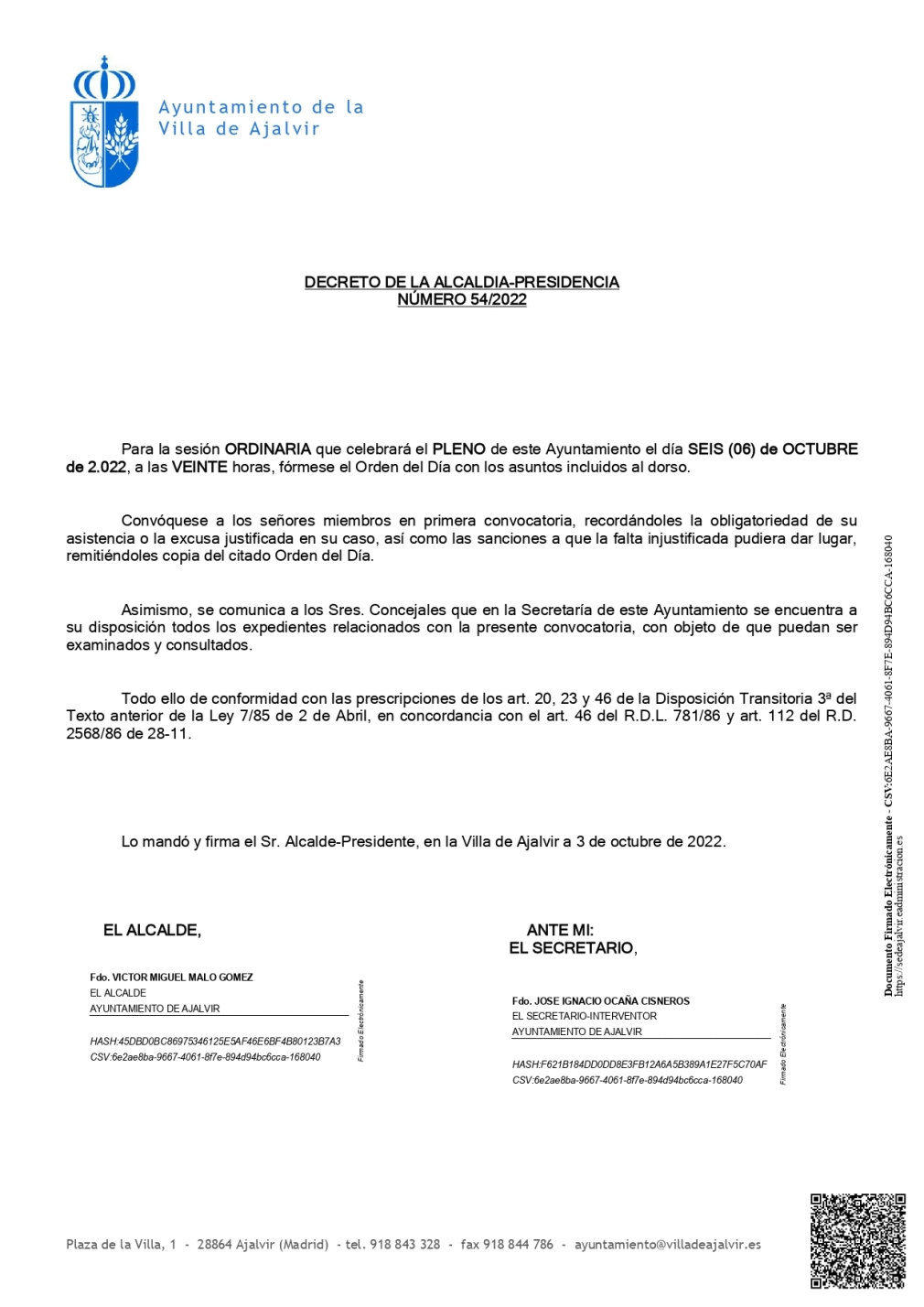 PLENO ORDINARIO DEL 6 DE OCTUBRE DEL 2022