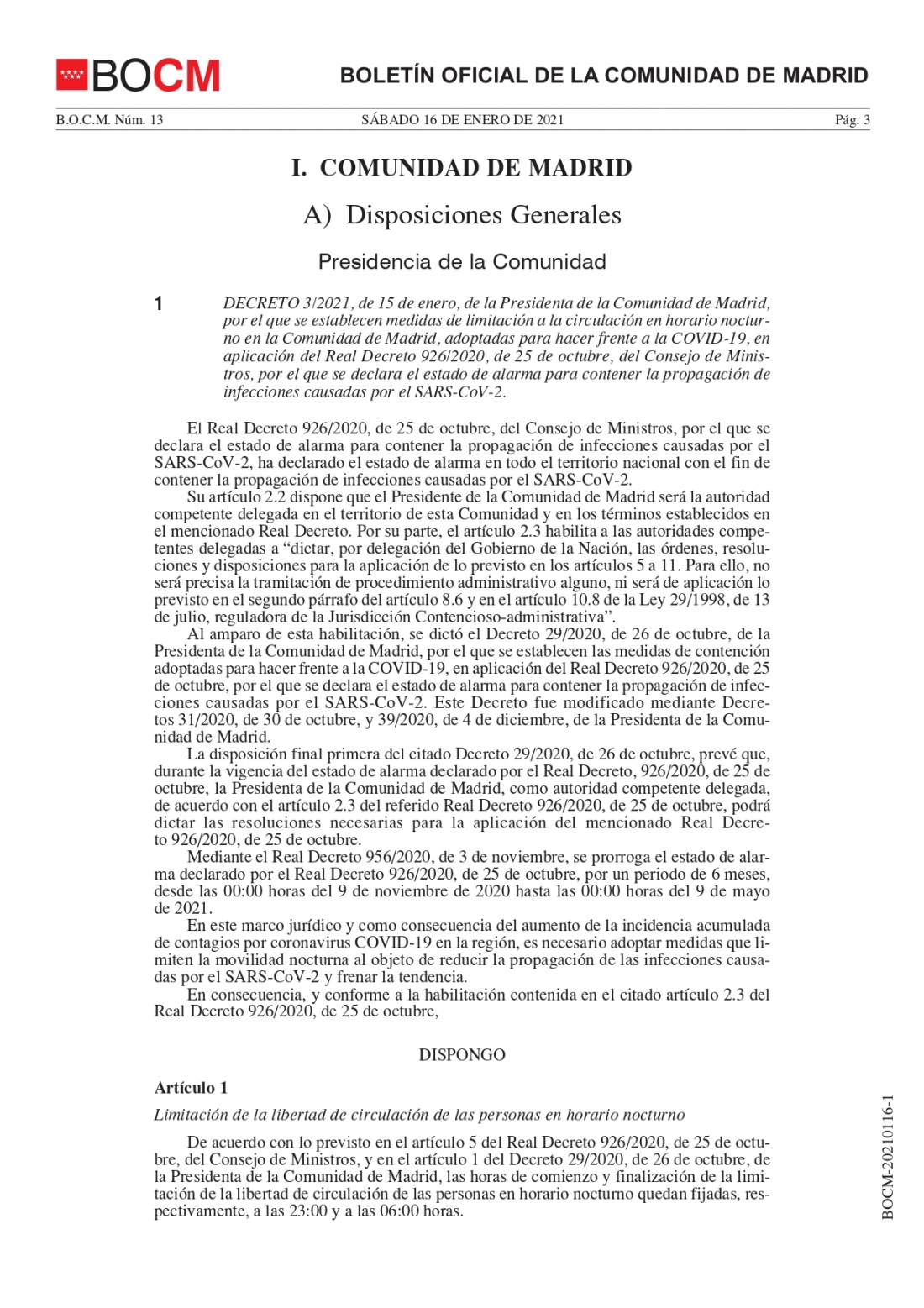 LIMITACIÓN DE LA LIBERTAD DE CIRCULACIÓN DE LAS PERSONAS EN HORARIO NOCTURNO