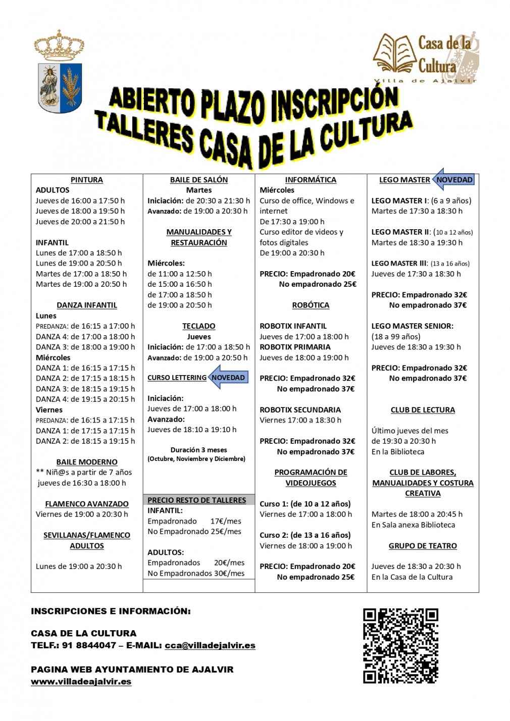 ABIERTO PLAZO DE INSCRIPCIÓN TALLERES CASA DE LA CULTURA