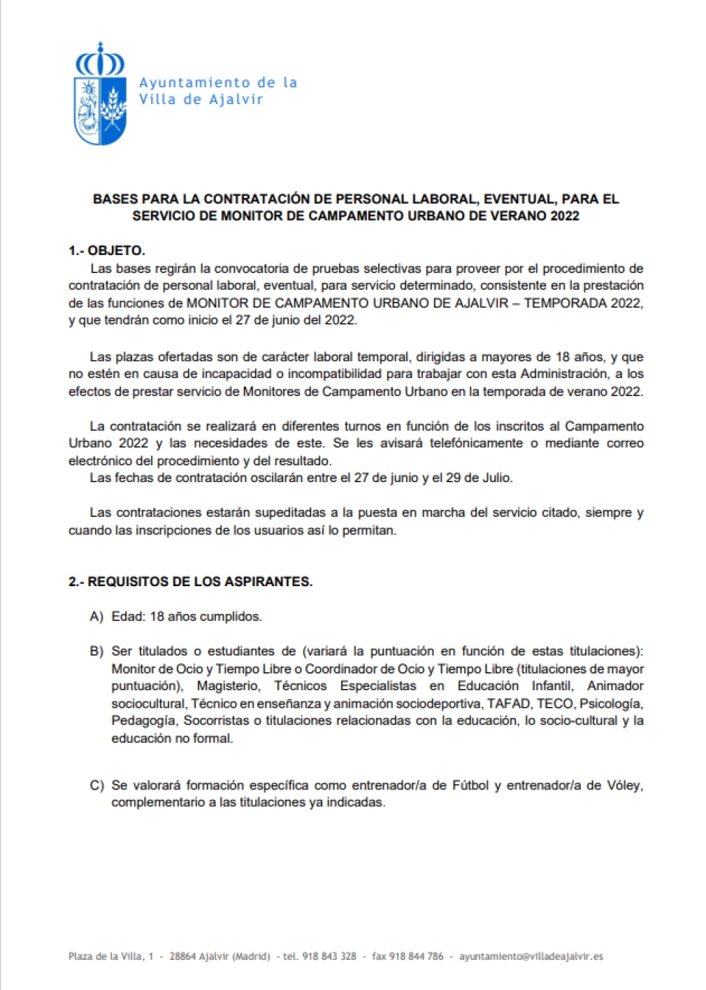 BASES PARA LA CONTRATACIÓN DE PERSONAL LABORAL, EVENTUAL, PARA EL SERVICIO DE MONITOR DE CAMPAMENTO URBANO DE VERANO 2022.