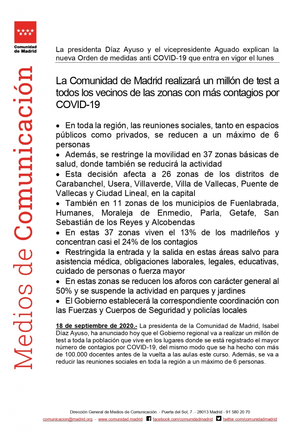 NUEVA ORDEN DE MEDIDAS ANTI COVID-19 EN LA COMUNIDAD DE MADRID