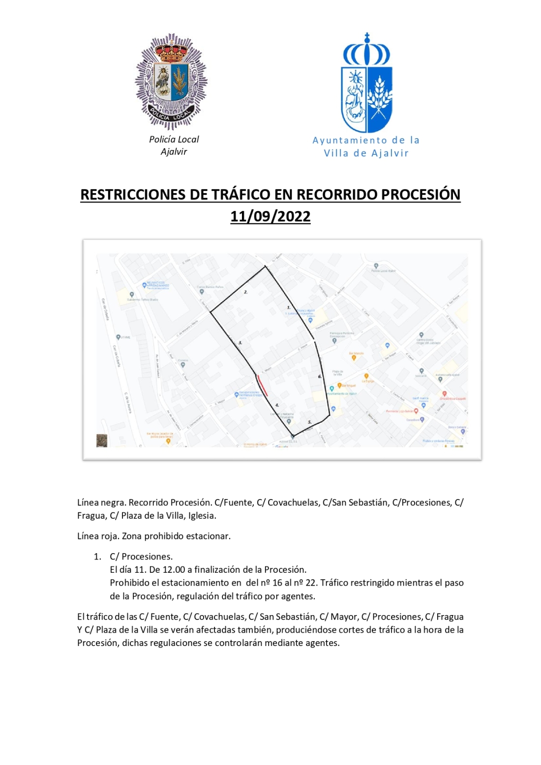 RESTRICCIONES AL TRÁFICO POR PROCESIÓN DEL DIA 11/09/22