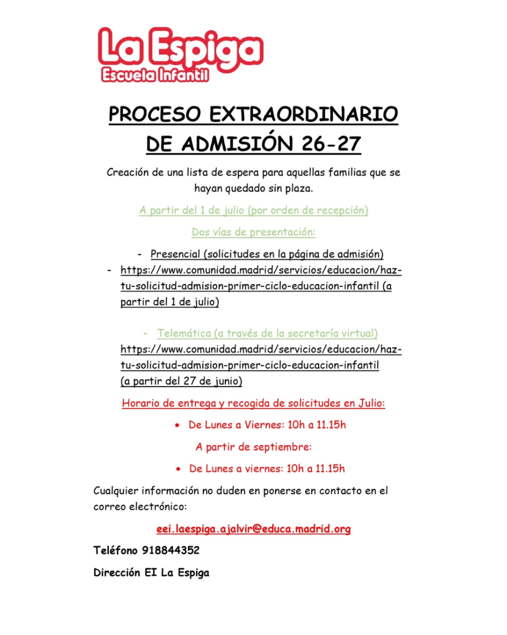 PROCESO EXTRAORDINARIO DE ADMISIÓN 2026-2027 - Escuela Infantil La Espiga – Ajalvir