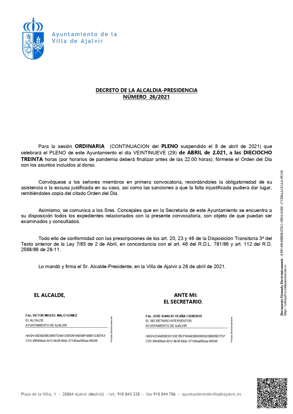 CONVOCATORIA A PLENO 29 DE ABRIL DEL 2021