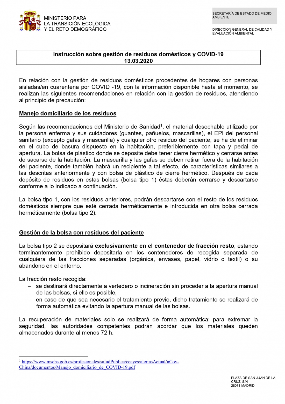 INSTRUCCIONES SOBRE GESTIÓN DE RESIDUOS DOMÉSTICOS COVID-19