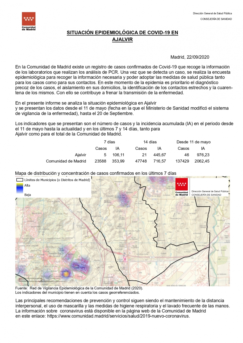 Informe de situación Epidemiológica de COVID-19 a fecha 21 de septiembre de 2020 en Ajalvir.
