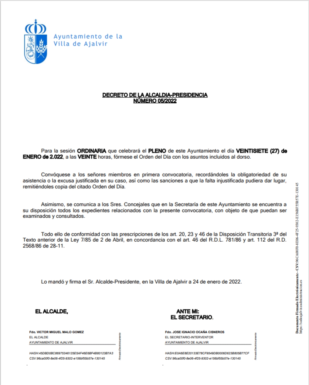 CONVOCATORIA DEL PLENO ORDINARIO EL 27 DE ENERO DEL 2022