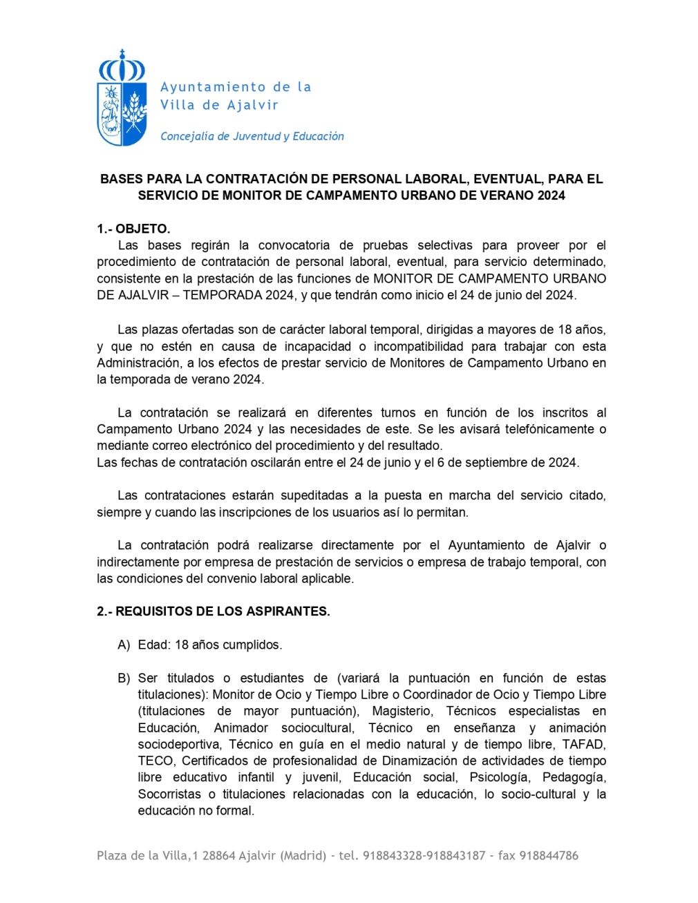 BASES PARA LA CONTRATACIÓN DE PERSONAL LABORAL, EVENTUAL, PARA EL SERVICIO DE MONITOR DE CAMPAMENTO URBANO DE VERANO 2024