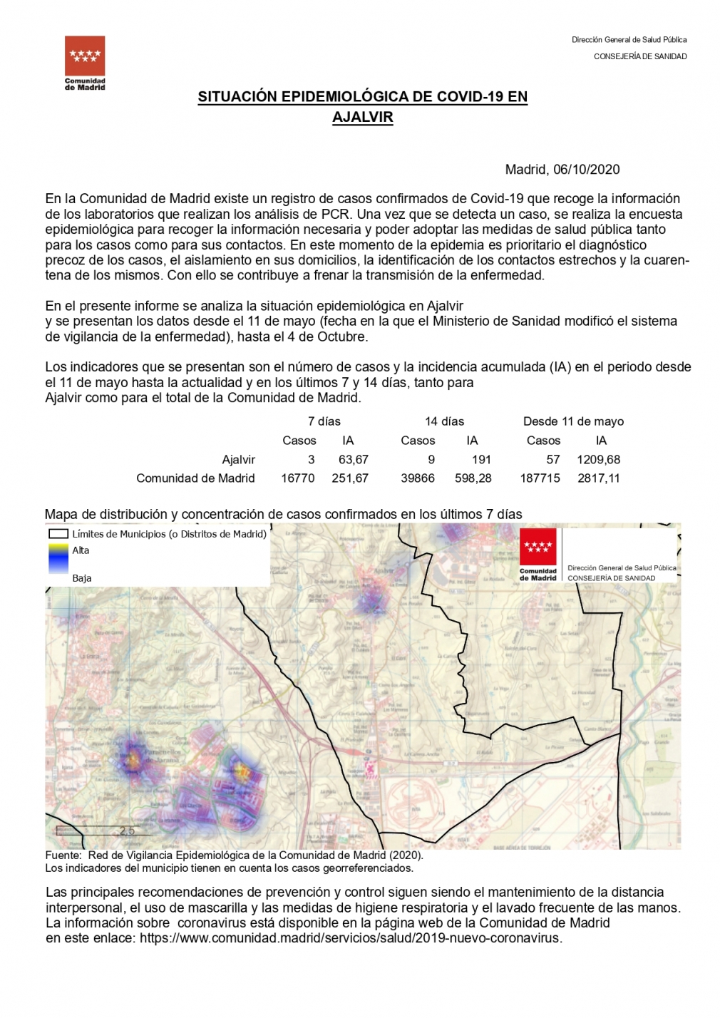 Informe de situación Epidemiológica de COVID-19 a fecha 6 de octubre de 2020