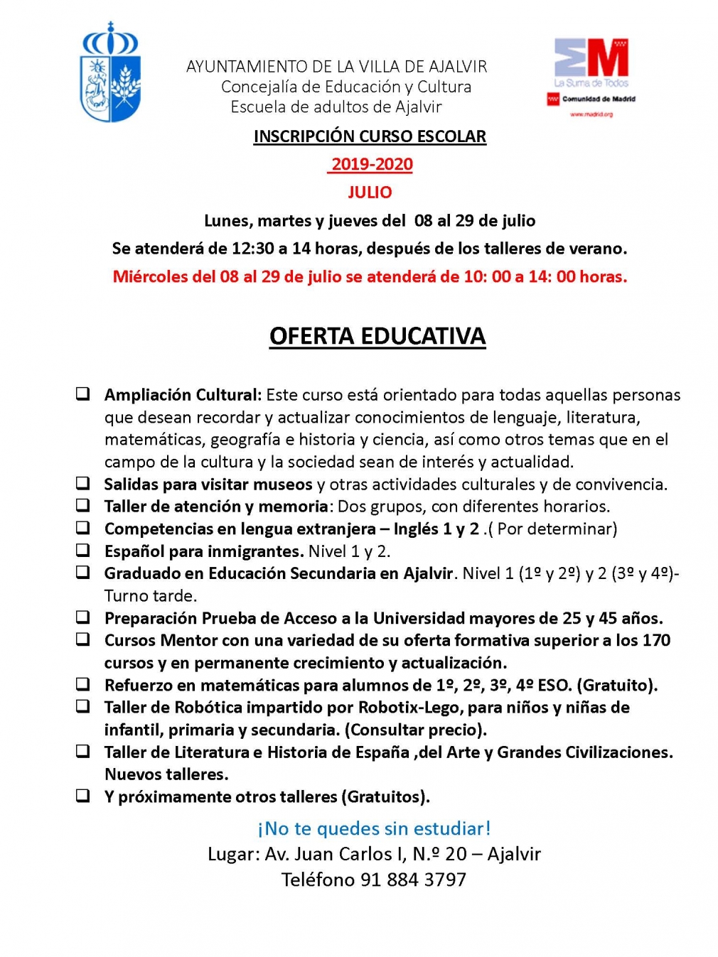 ESCUELA DE ADULTOS INFORMACIÓN CURSO 2019-2020