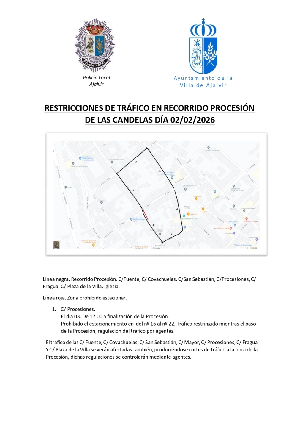 RESTRICCIONES DE TRÁFICO EN RECORRIDO PROCESIÓN DE LAS CANDELAS