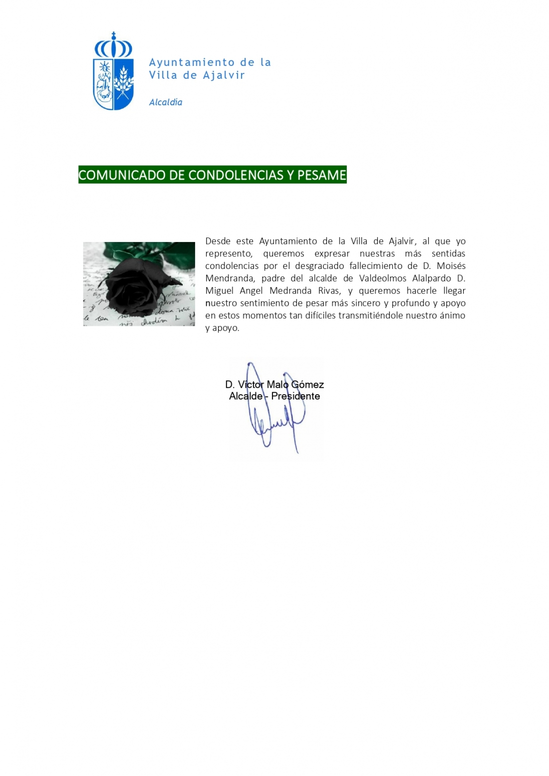 COMUNICADO DE CONDOLENCIAS Y PESAME