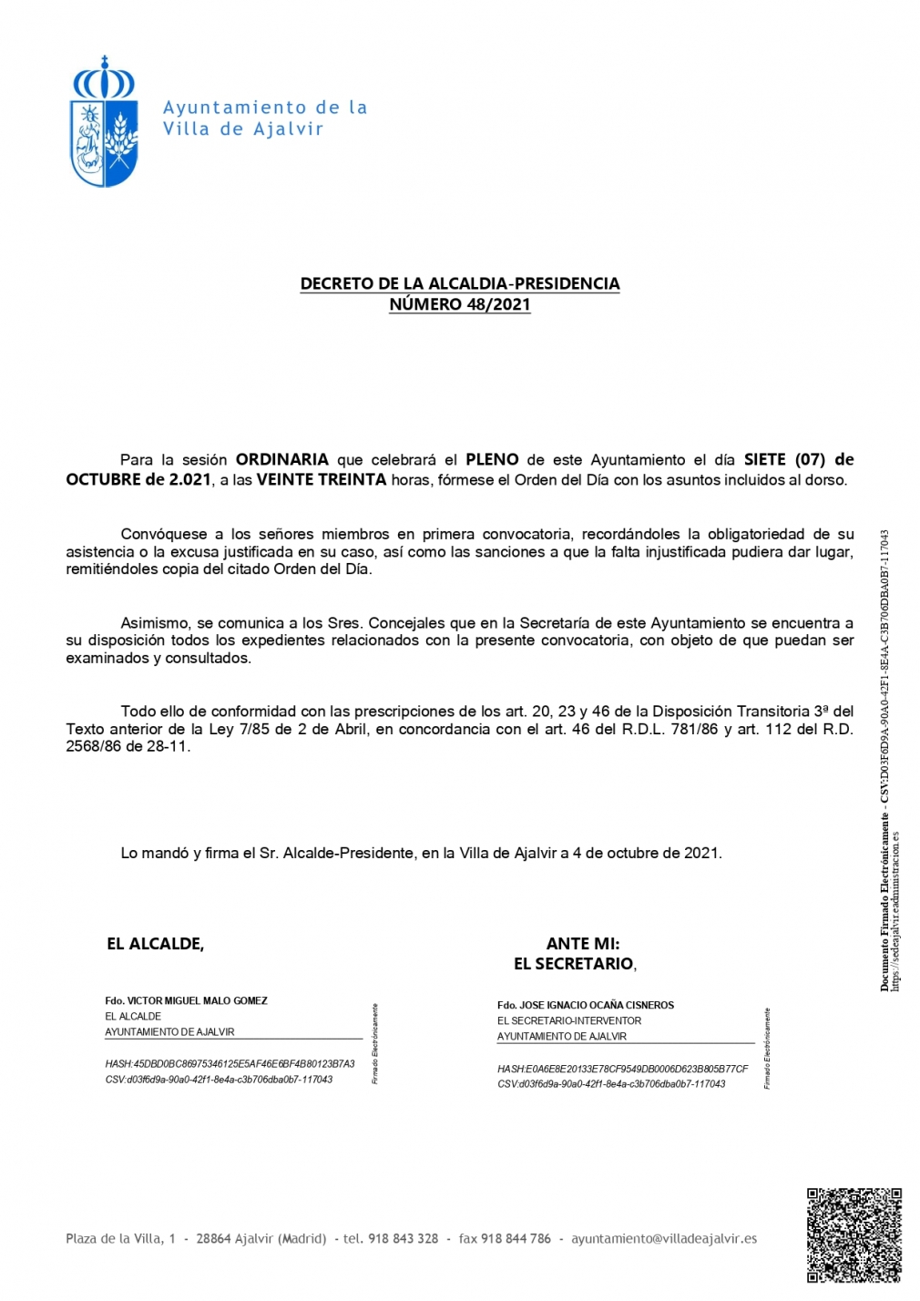 CONVOCATORIA AL PLENO ORDINARIO DEL 7 DE OCTUBRE DE 2021