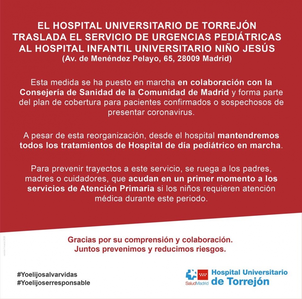 NOTA INFORMATIVA DEL HOSPITAL UNIVERSITARIO DE TORREJÓN DE ARDOZ