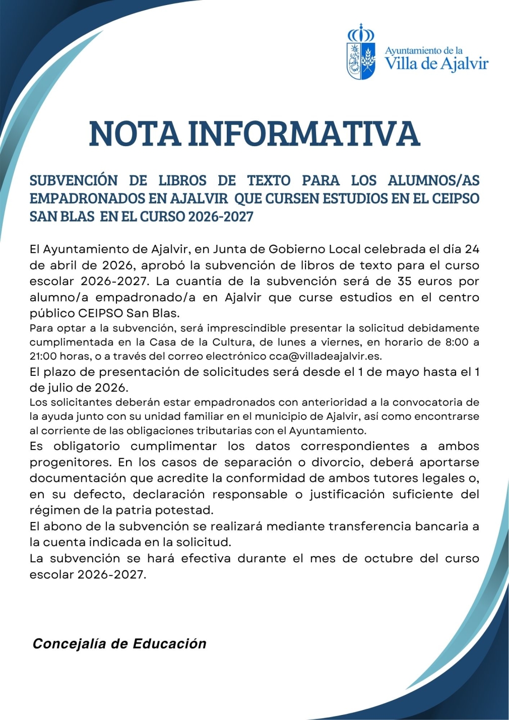 SUBVENCIÓN LIBROS DE TEXTO – CURSO 2026‑2027