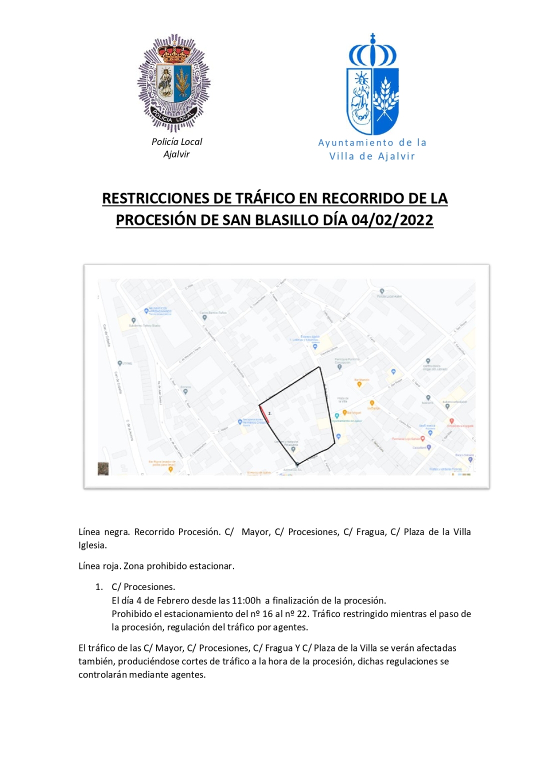 RESTRICCIONES DE TRÁFICO EN RECORRIDO DE LA  PROCESIÓN DE SAN BLASILLO DÍA 04/02/2022