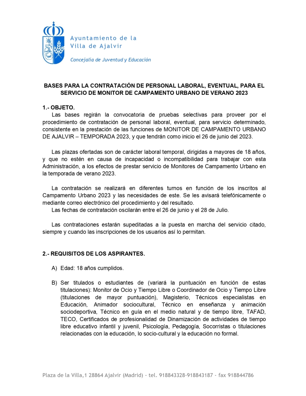 BASES PARA LA CONTRATACIÓN DE PERSONAL LABORAL, EVENTUAL, PARA EL SERVICIO DE MONITOR DE CAMPAMENTO URBANO DE VERANO 2023.