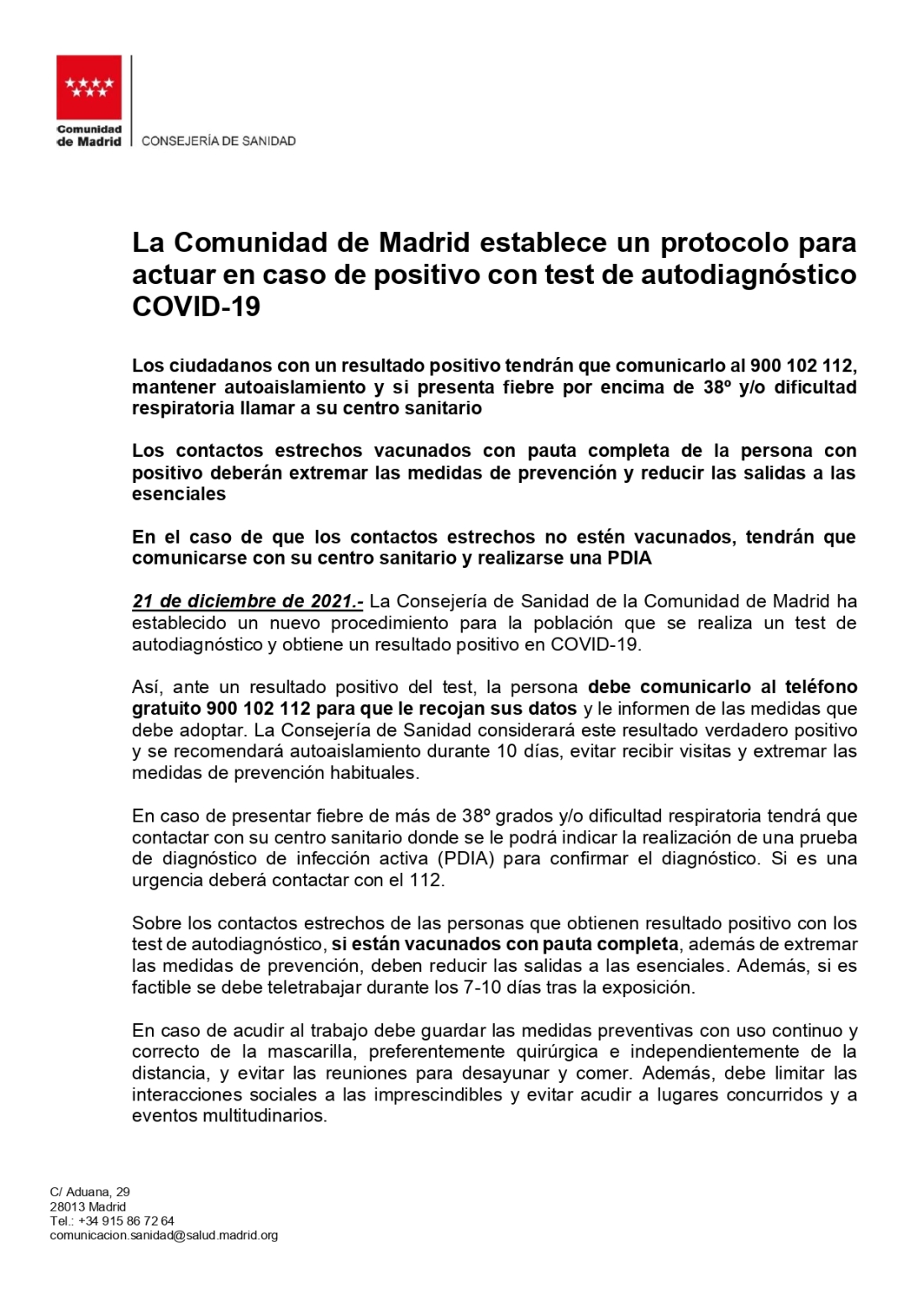 LA COMUNIDAD DE MADRID ESTABLECE UN PROTOCOLO PARA ACTUAR EN CASO DE POSITIVO CON TEST DE AUTODIAGNÓSTICO COVID19