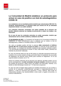LA COMUNIDAD DE MADRID ESTABLECE UN PROTOCOLO PARA ACTUAR EN CASO DE POSITIVO CON TEST DE AUTODIAGNÓSTICO COVID19