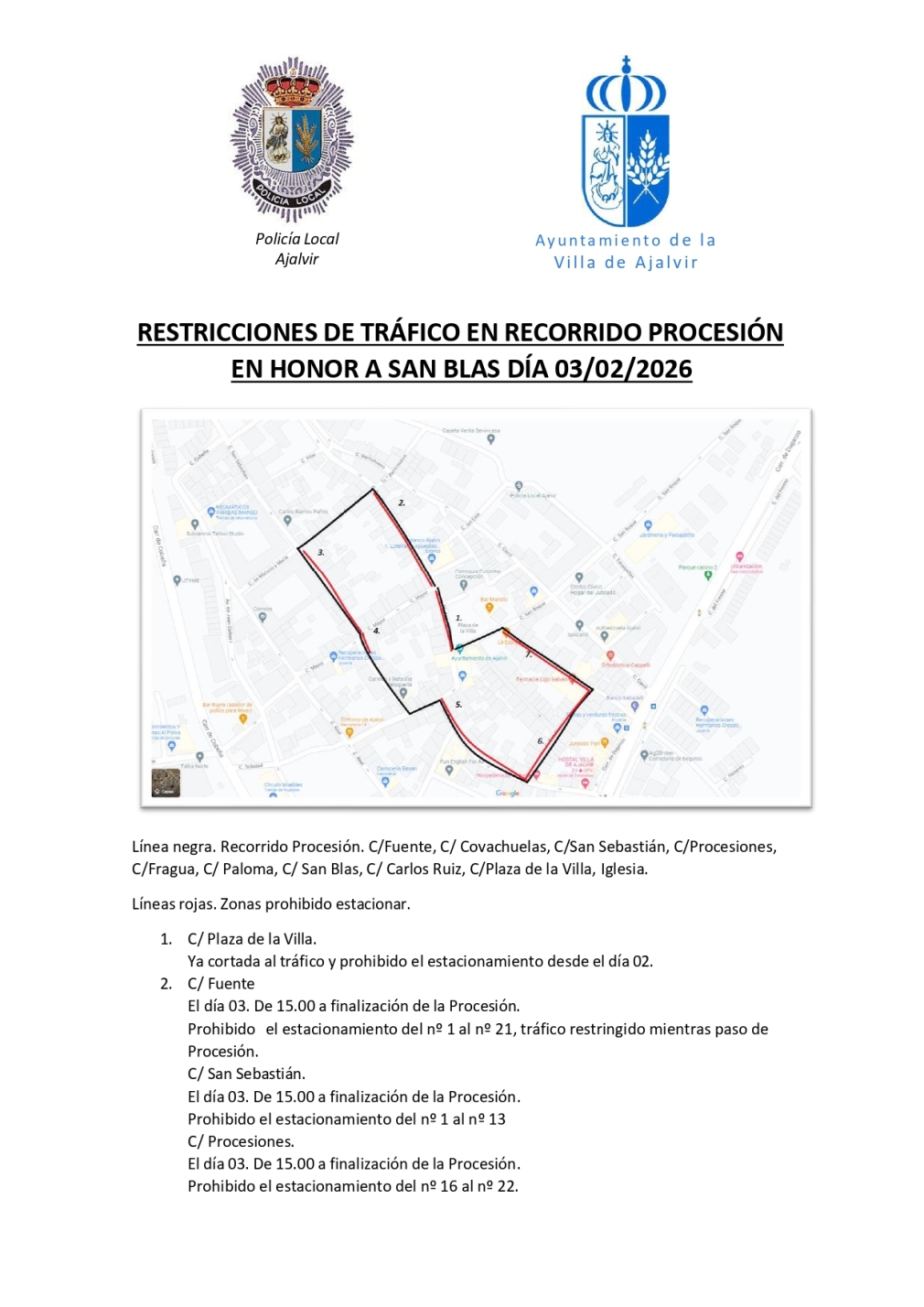 RESTRICCIONES DE TRÁFICO EN RECORRIDO PROCESIÓN EN HONOR A SAN BLAS DÍA 03/02/2026