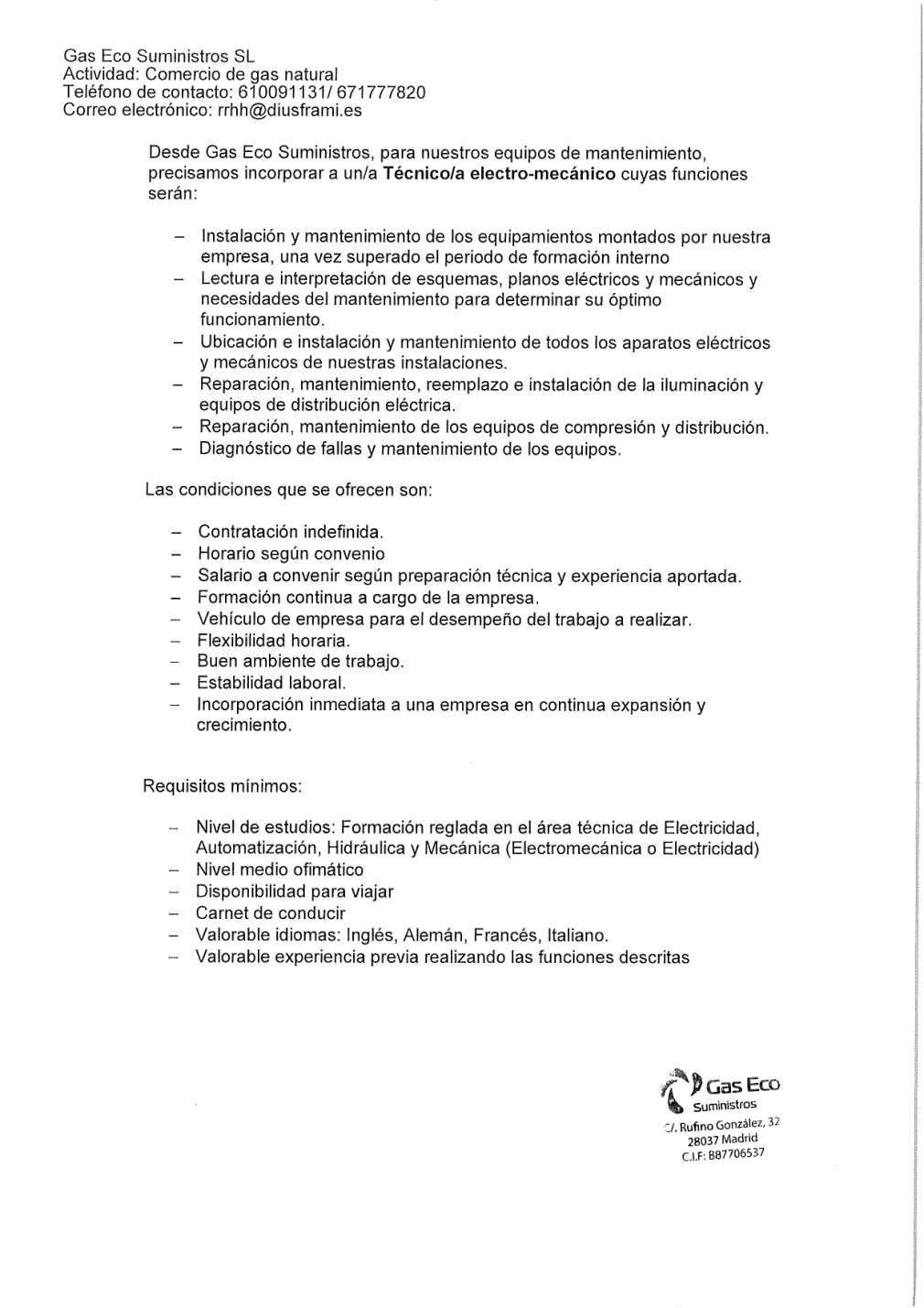 ECO GAS SUMINISTRO SL - OFERTA DE EMPLEO