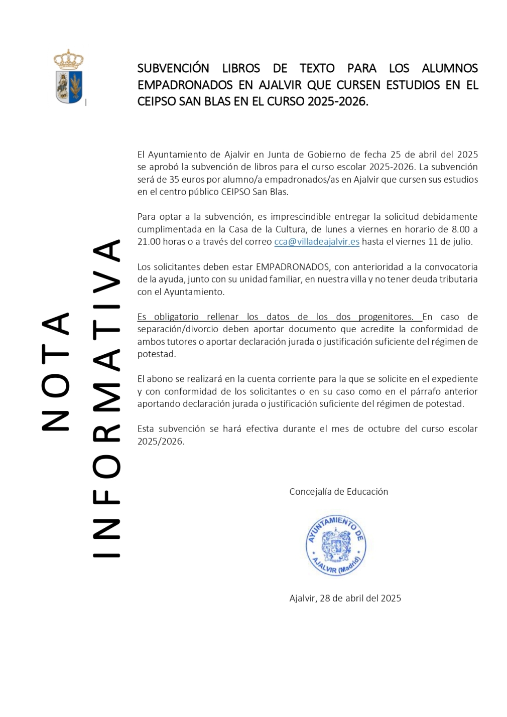 RECORDATORIO: PLAZO ABIERTO PARA SOLICITAR LA AYUDA DE LIBROS DE TEXTO PARA EL CURSO 2025-2026