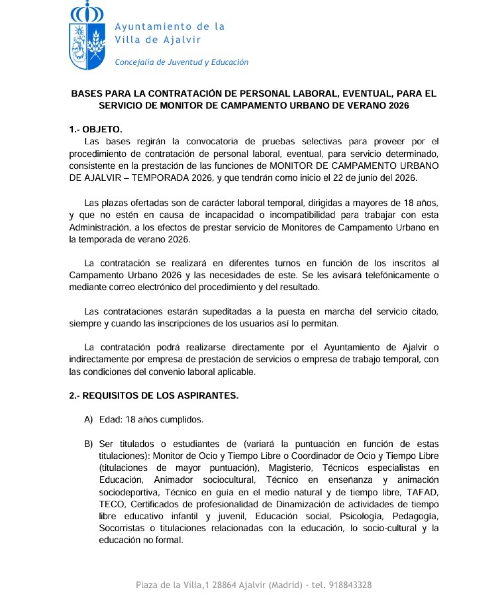 CONVOCATORIA MONITORES/AS CAMPAMENTO URBANO DE VERANO 2026