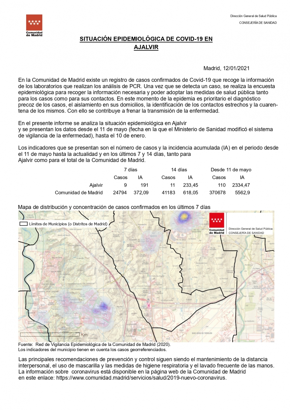 SITUACIÓN EPIDEMIOLÓGICA DE COVID-19 EN AJALVIR A 12 DE ENERO