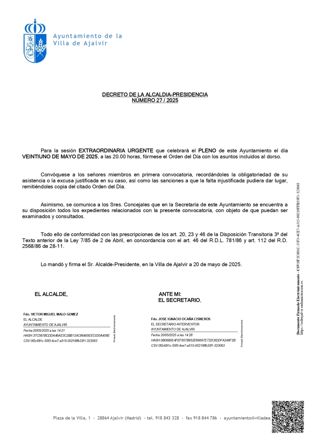 PLENO EXTRAORDINARIO URGENTE 21 DE MAYO DEL 2025