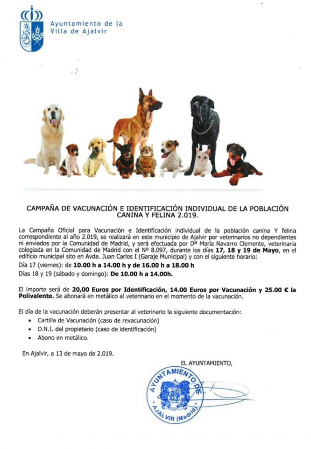 Campaña de Vacunación canina y felina 2019. 17, 18 y 19 de Mayo
