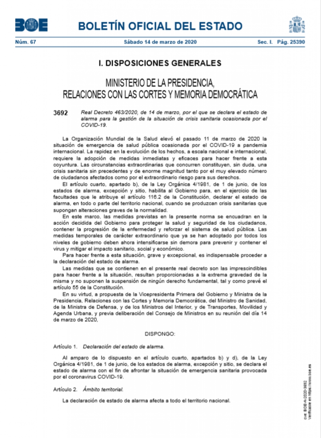 REAL DECRETO 463/2020, POR EL QUE SE DECLARA ESTADO DE ALARMA