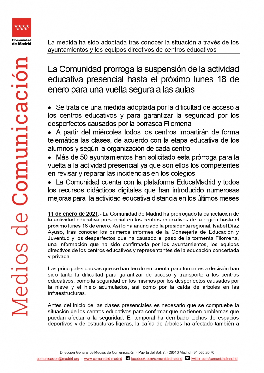 La Comunidad prorroga la suspensión de la actividad educativa presencial hasta el próximo lunes 18 de enero para una vuelta segura a las aulas