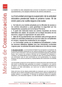 La Comunidad prorroga la suspensión de la actividad educativa presencial hasta el próximo lunes 18 de enero para una vuelta segura a las aulas