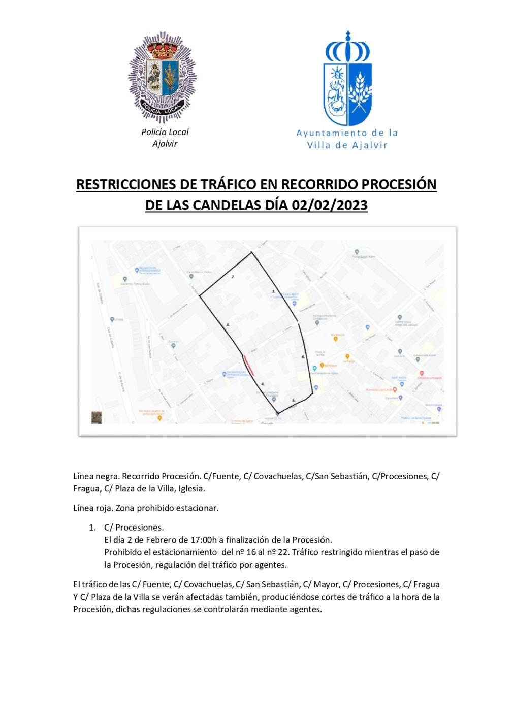 RESTRICCIONES DE TRÁFICO EN EL RECORRIDO DE LA  PROCESIÓN DE LAS CANDELAS DÍA 02/02/2023