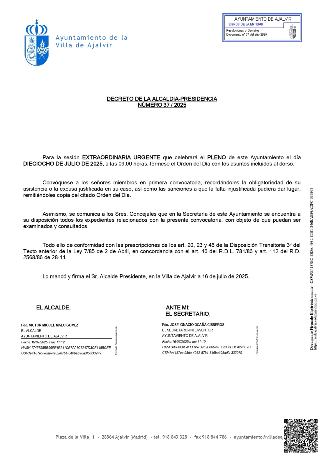 PLENO EXTRAORDINARIO URGENTE 18 DE JULIO 2025
