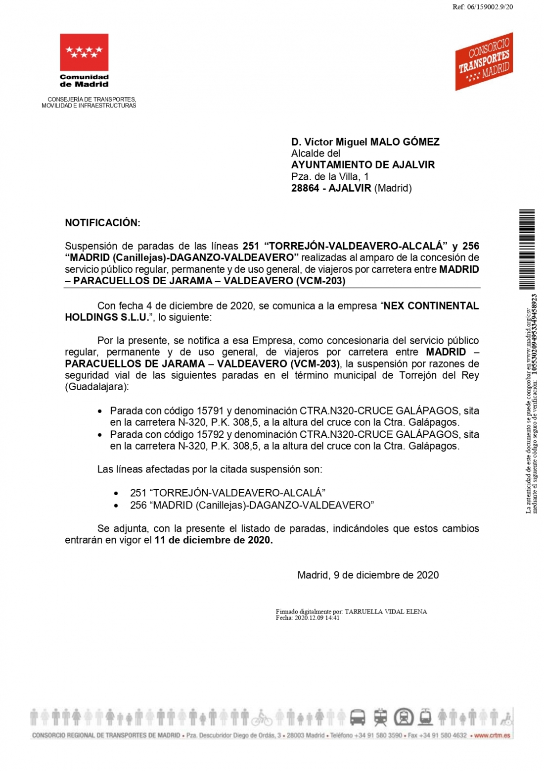 &quot;Suspensión de paradas de las líneas 251 “TORREJÓN-VALDEAVERO-ALCALÁ” y 256 “MADRID (Canillejas)-DAGANZO-VALDEAVERO”