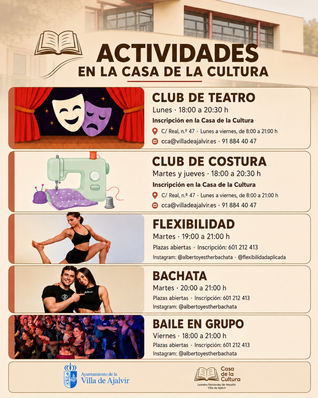Abierto el plazo de inscripción para las actividades de la Casa de la Cultura. Temporada 2026/2027