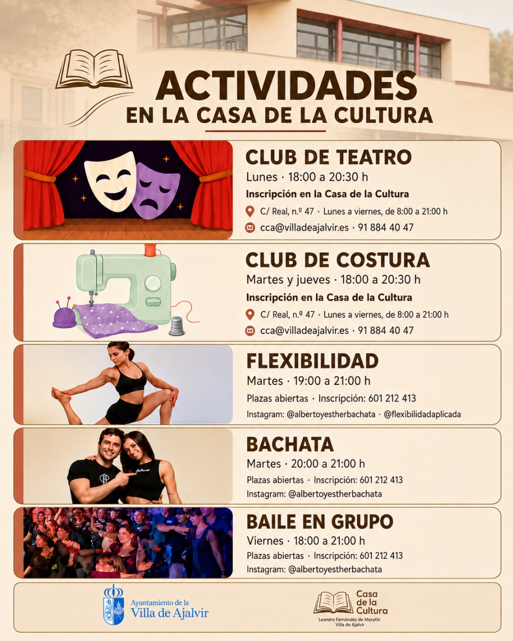 Abierto el plazo de inscripción para las actividades de la Casa de la Cultura. Temporada 2026/2027