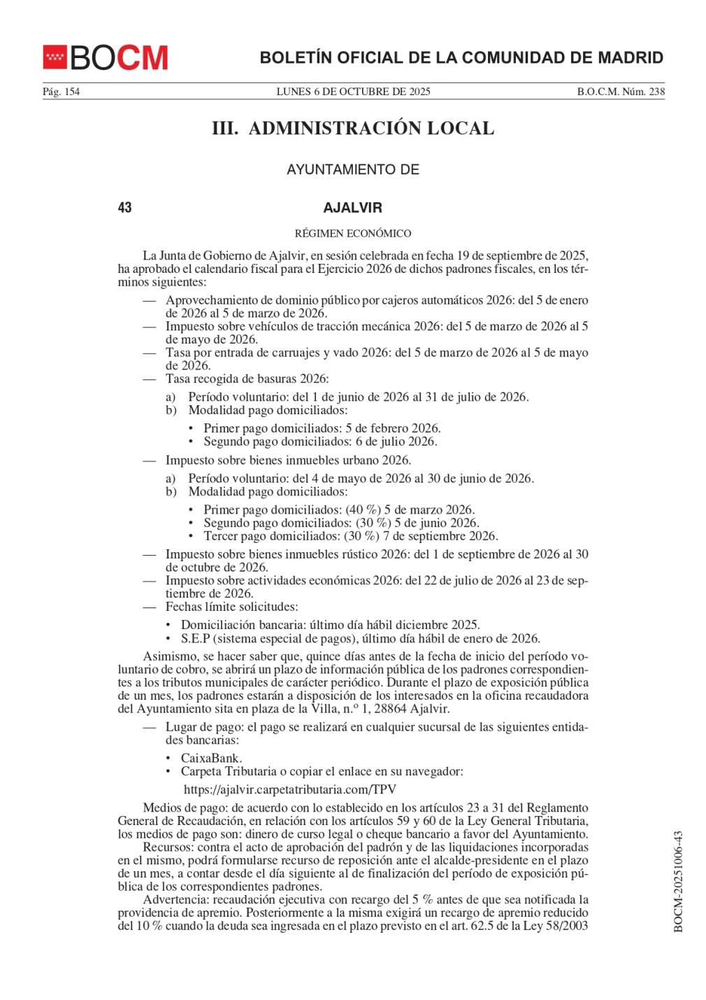 CALENDARIO FISCAL PARA EL AÑO 2026